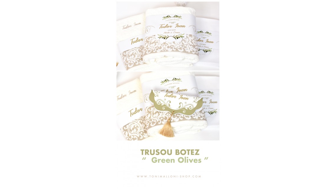 Trusou botez pentru baieti in alb si verde, tematica maslinul, Olives 3